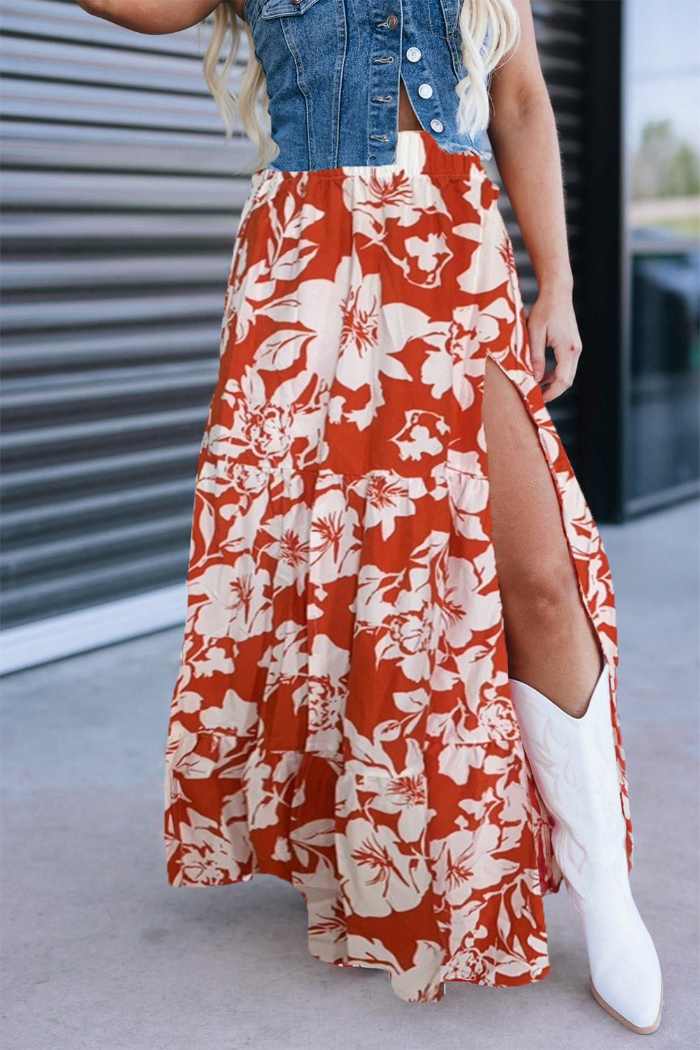 Red High Split Floral Western Cowgirl Maxi Skirt - Crowned Energy CO.