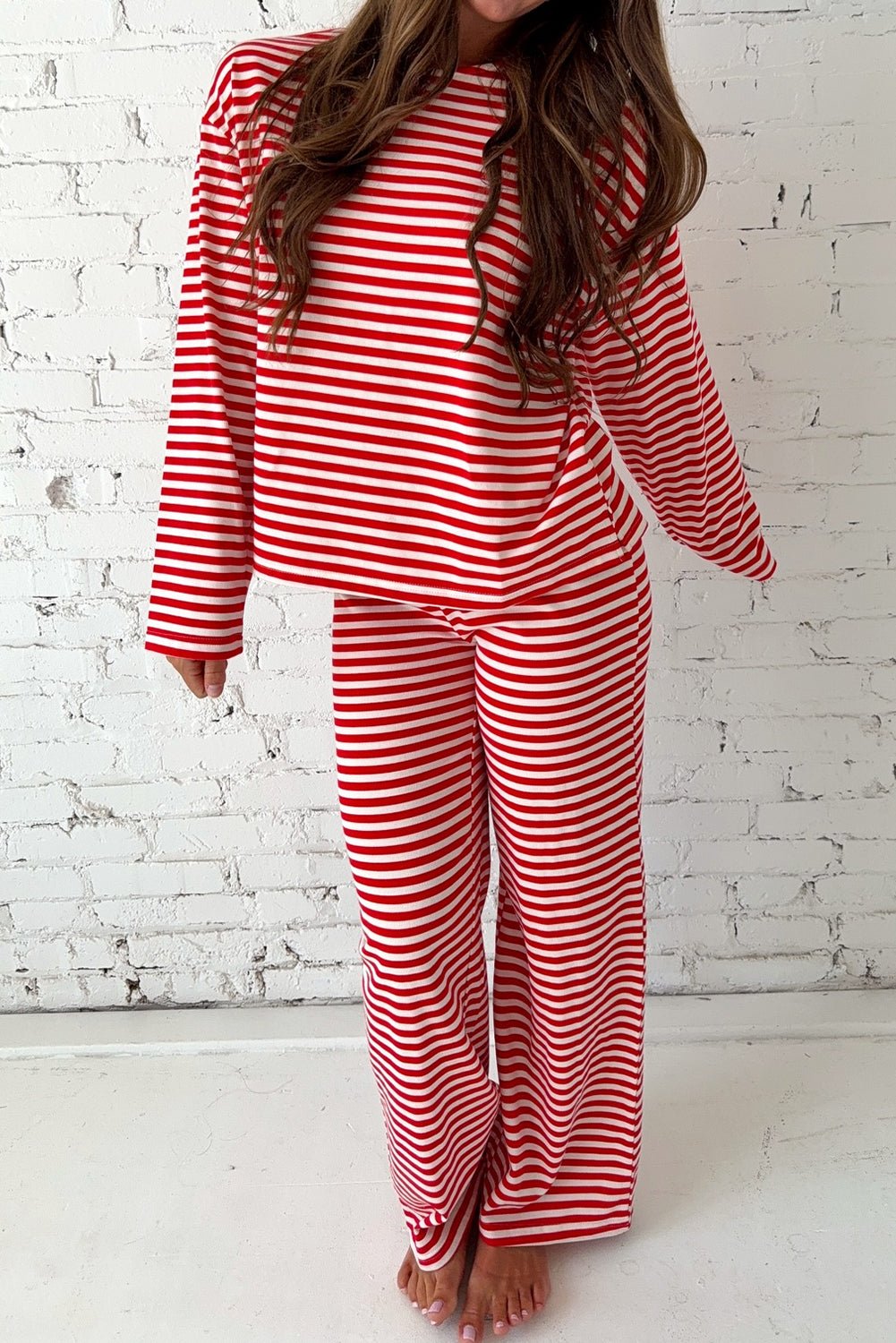 Red Stripe Drop Shoulder Long Sleeve Top Lounge Pants 2pcs Set - Crowned Energy CO.