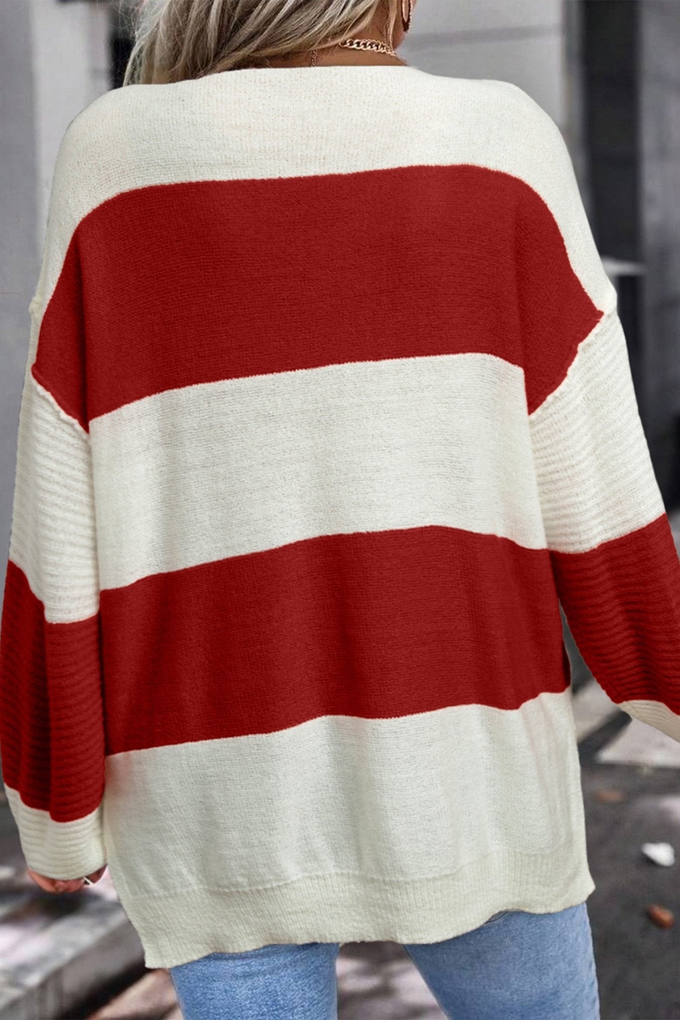 Red Stripe Loose Color Block Drop Shoulder Bubble Sleeve Sweater - Crowned Energy CO.