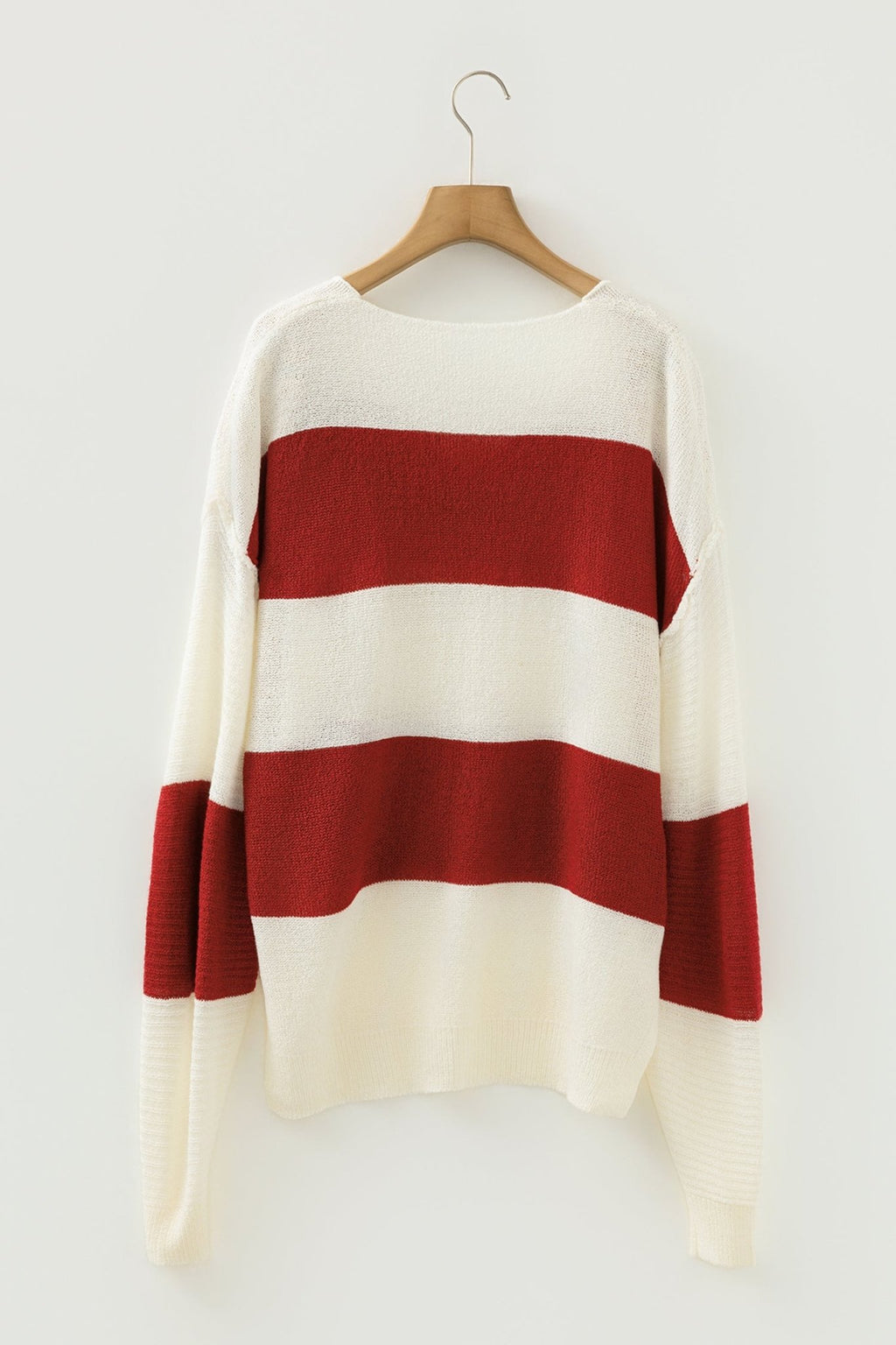 Red Stripe Loose Color Block Drop Shoulder Bubble Sleeve Sweater - Crowned Energy CO.