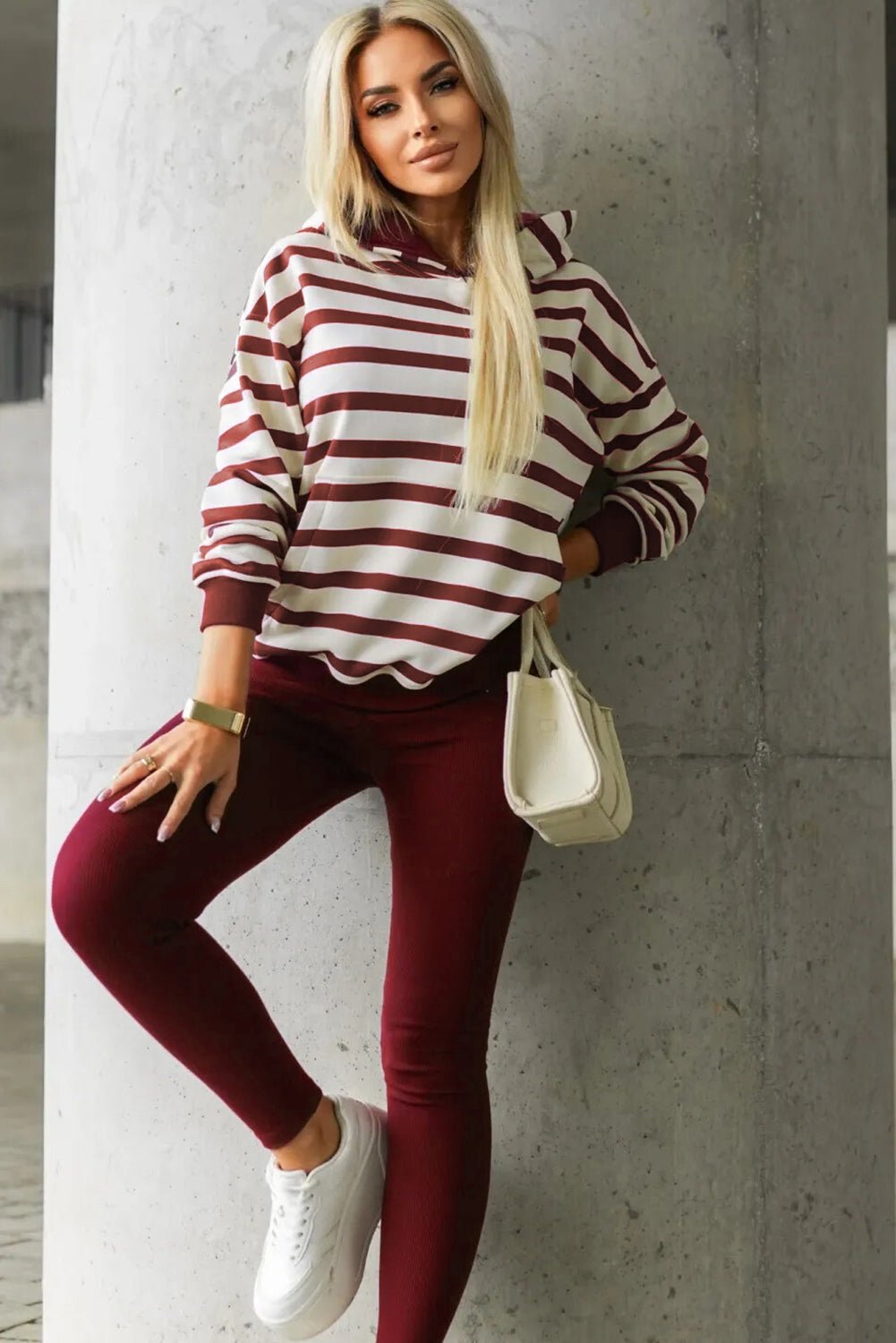 Red Stripe Pullover Hoodie Ribbed Solid Pants 2pcs Set Outfit - Crowned Energy CO.