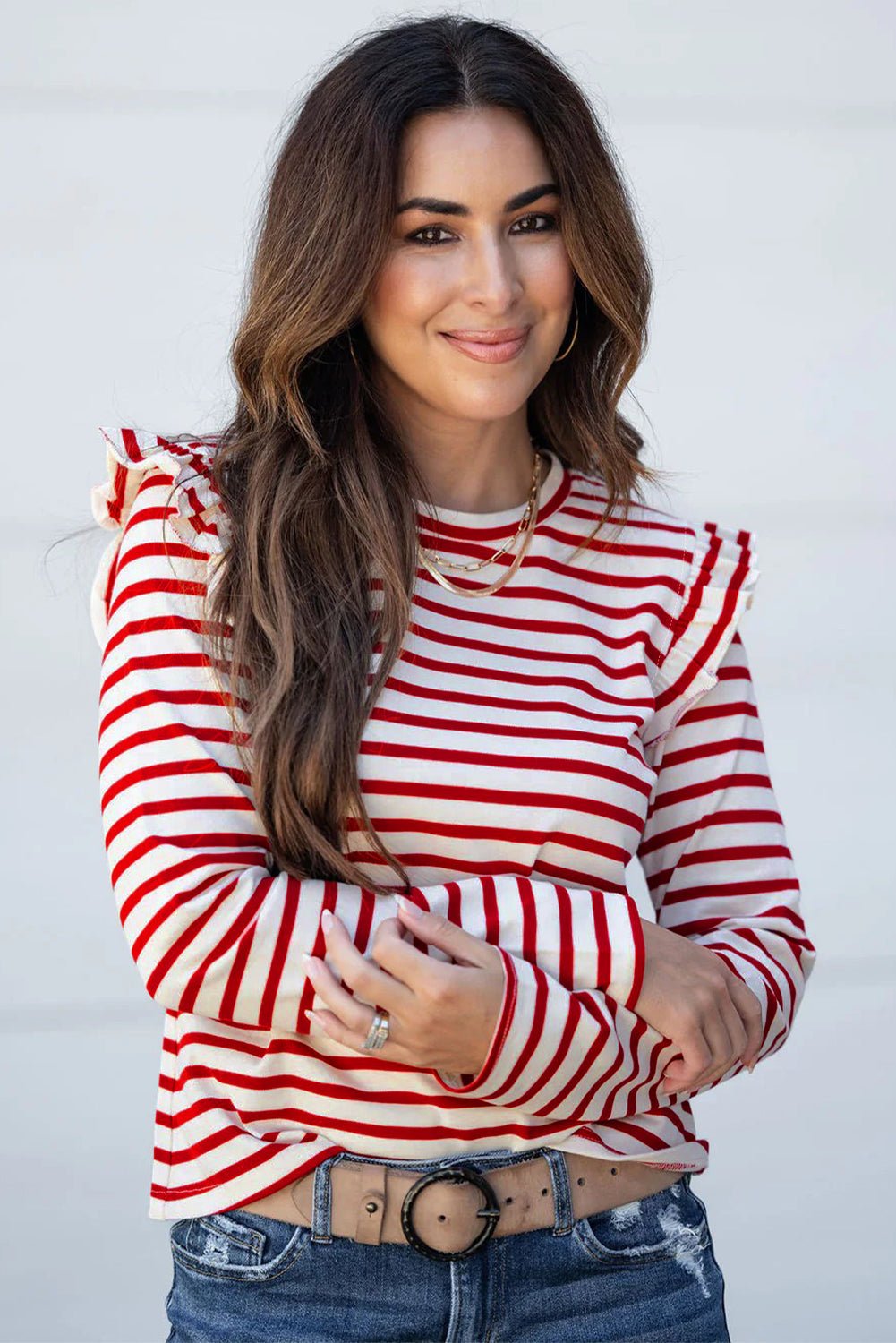 Red Stripe Round Neck Ruffle Trim Long Sleeve Top - Crowned Energy CO.