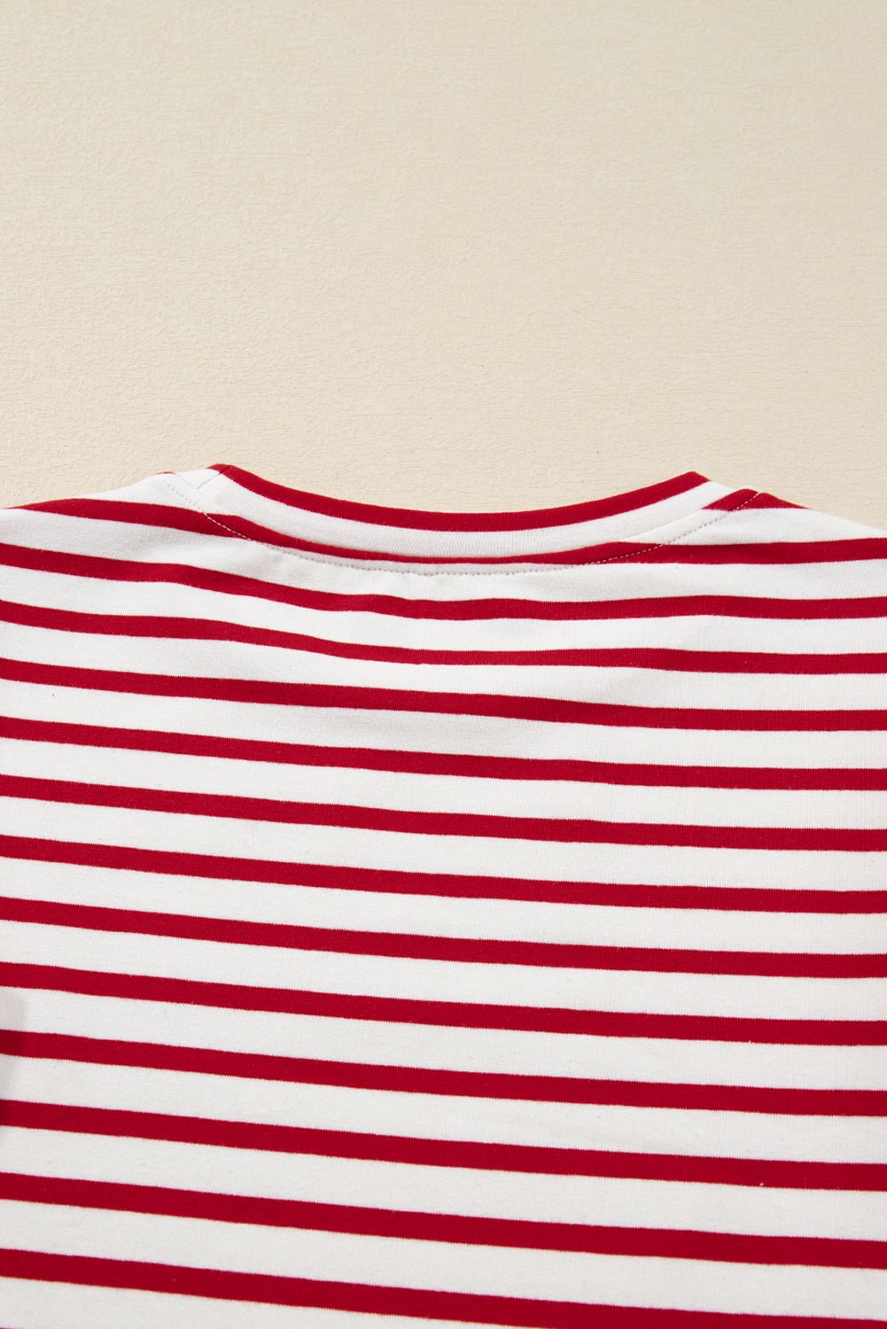 Red Stripe Round Neck Ruffle Trim Long Sleeve Top - Crowned Energy CO.