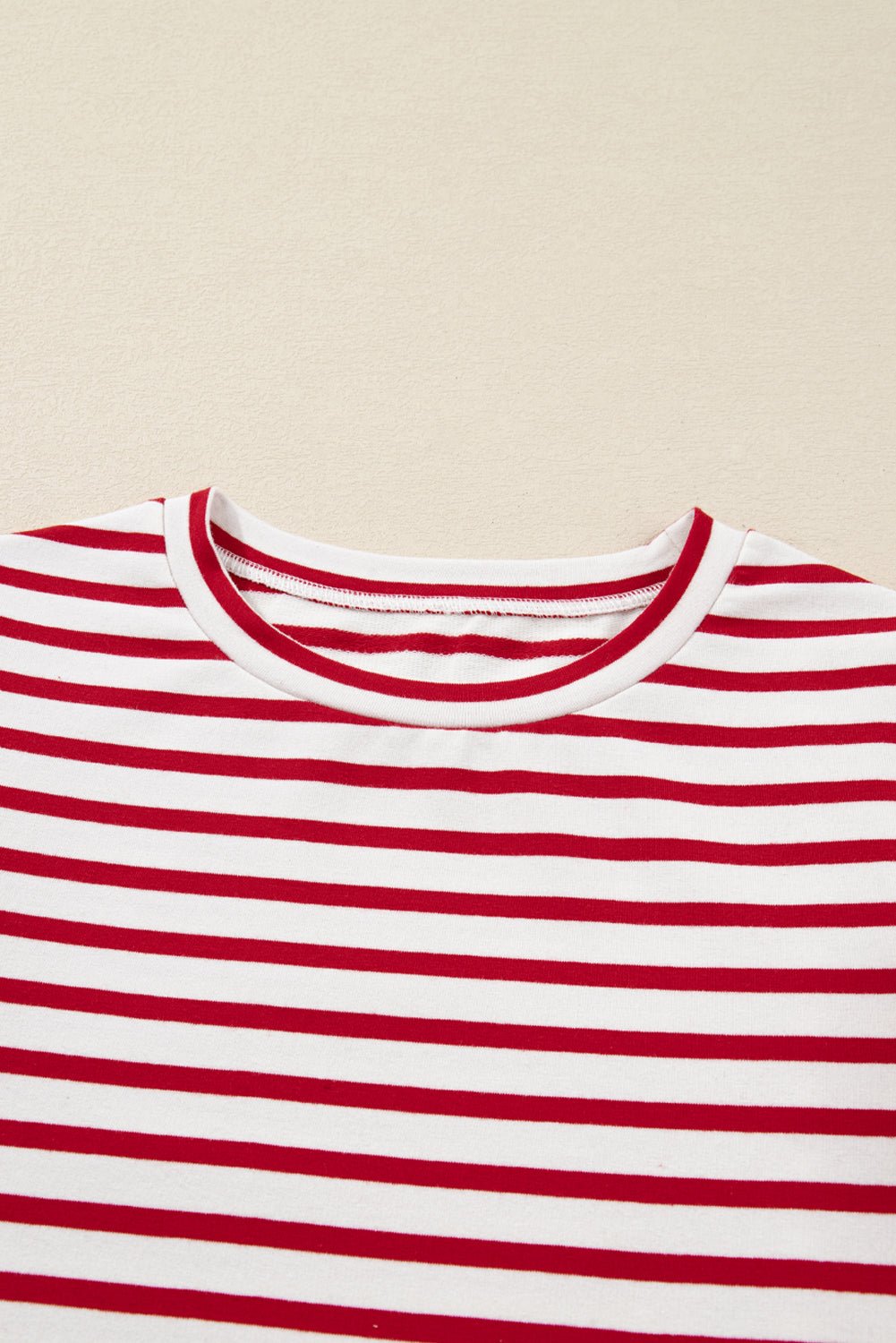 Red Stripe Round Neck Ruffle Trim Long Sleeve Top - Crowned Energy CO.