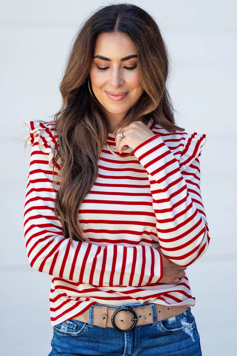 Red Stripe Round Neck Ruffle Trim Long Sleeve Top - Crowned Energy CO.