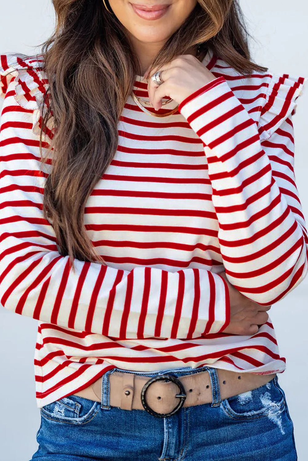 Red Stripe Round Neck Ruffle Trim Long Sleeve Top - Crowned Energy CO.