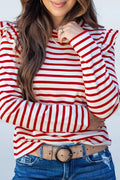 Red Stripe Round Neck Ruffle Trim Long Sleeve Top - Crowned Energy CO.