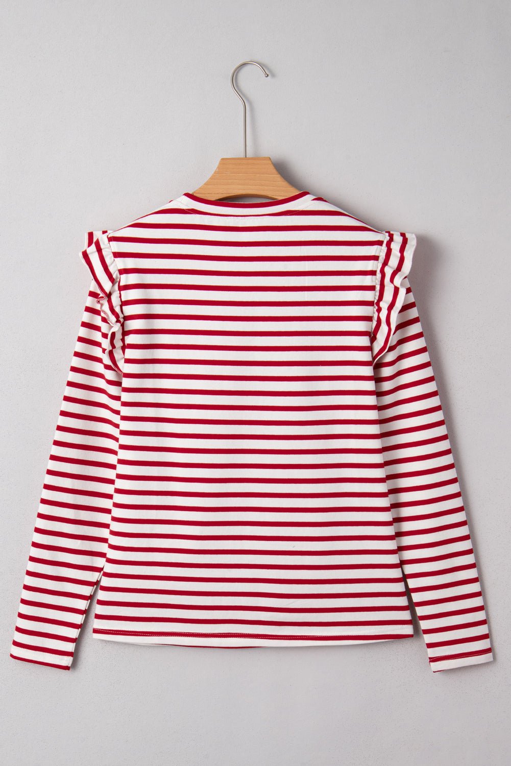 Red Stripe Round Neck Ruffle Trim Long Sleeve Top - Crowned Energy CO.