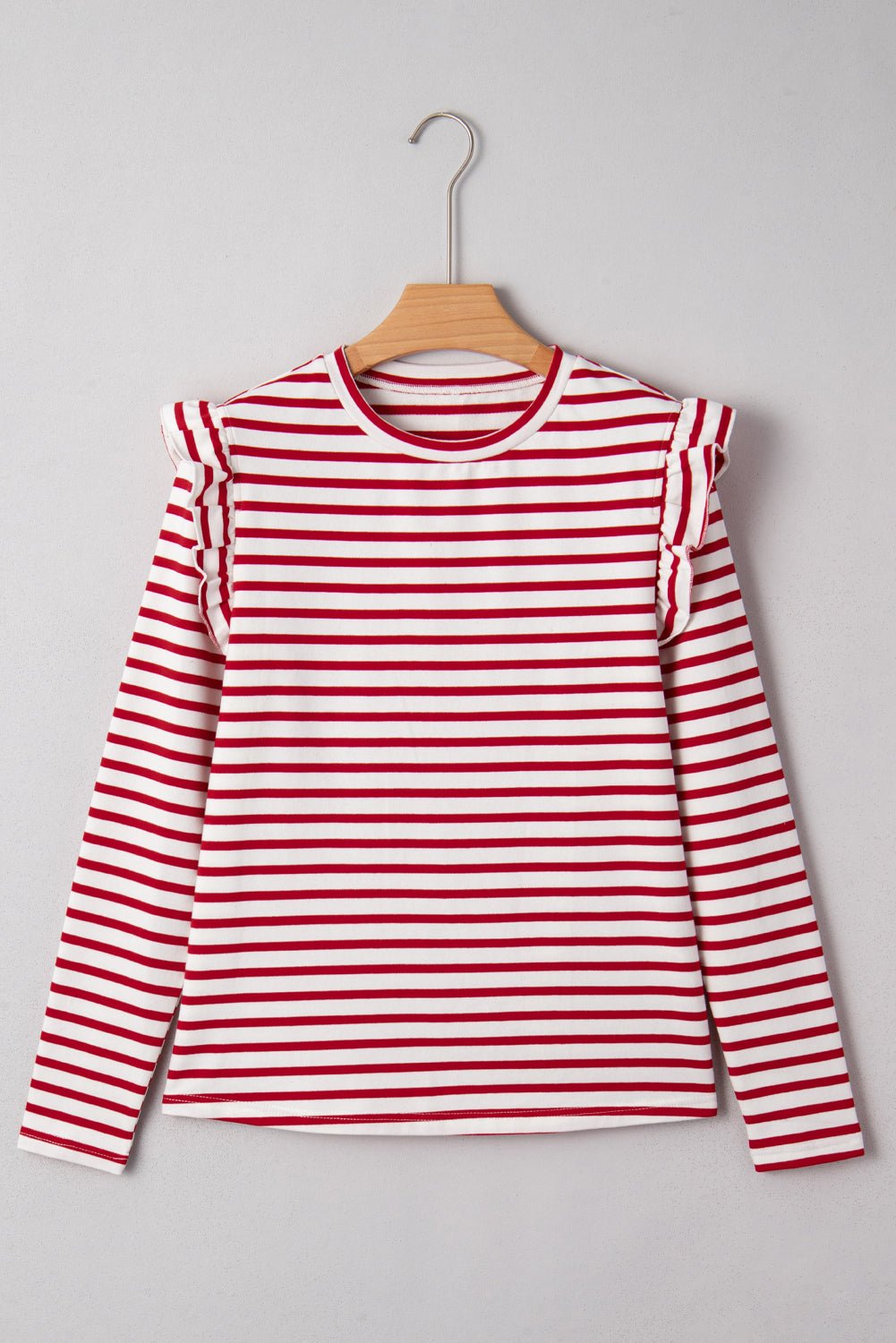 Red Stripe Round Neck Ruffle Trim Long Sleeve Top - Crowned Energy CO.