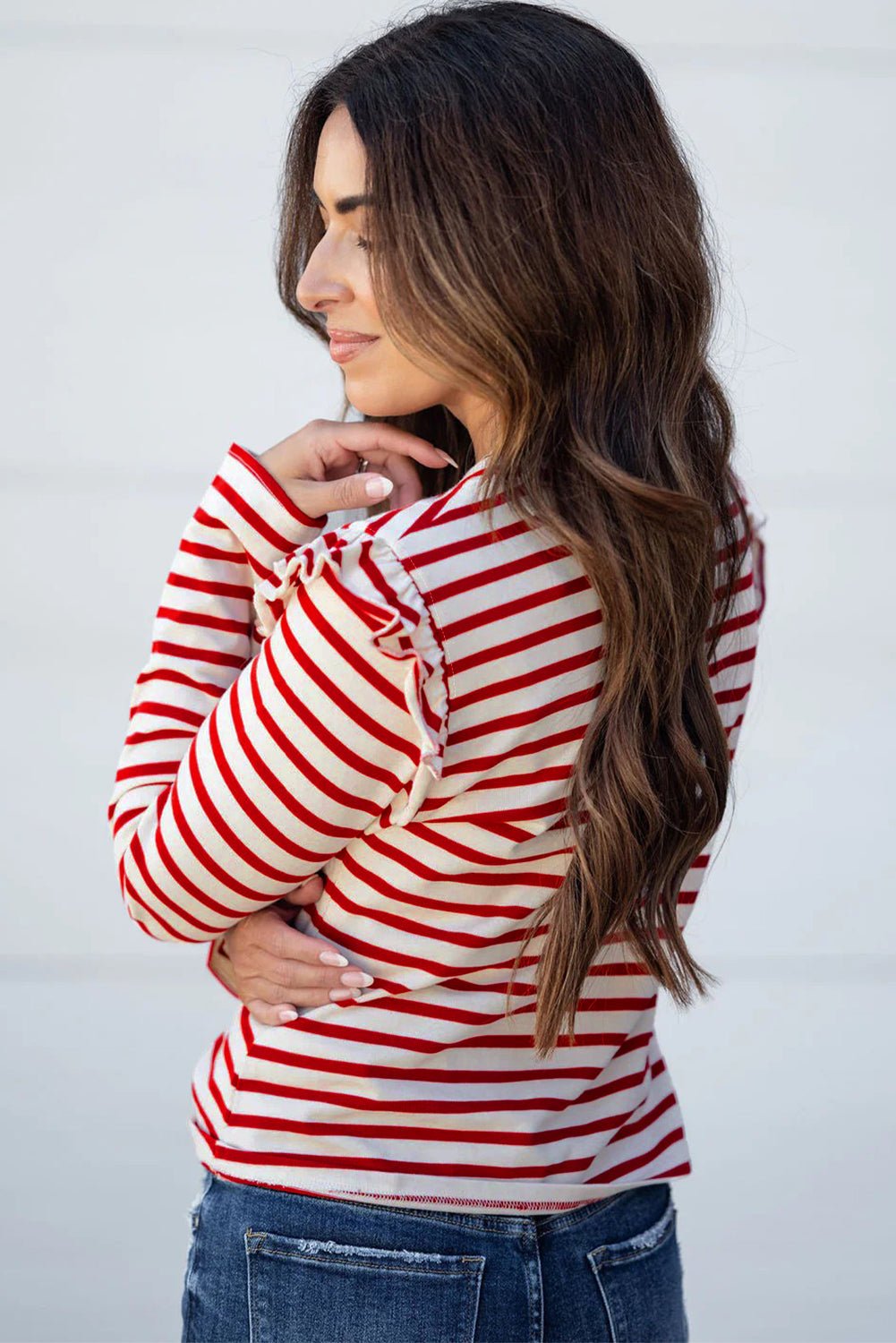 Red Stripe Round Neck Ruffle Trim Long Sleeve Top - Crowned Energy CO.