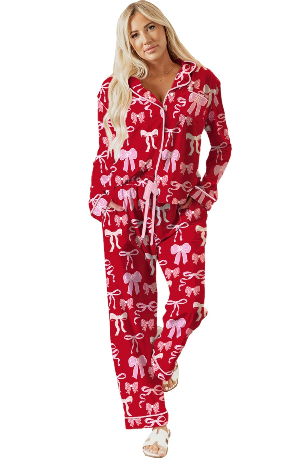 Red Sweet Bow Print Shirt Style Top Long 2pcs Pajama Set - Crowned Energy CO.
