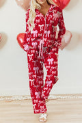 Red Sweet Bow Print Shirt Style Top Long 2pcs Pajama Set - Crowned Energy CO.
