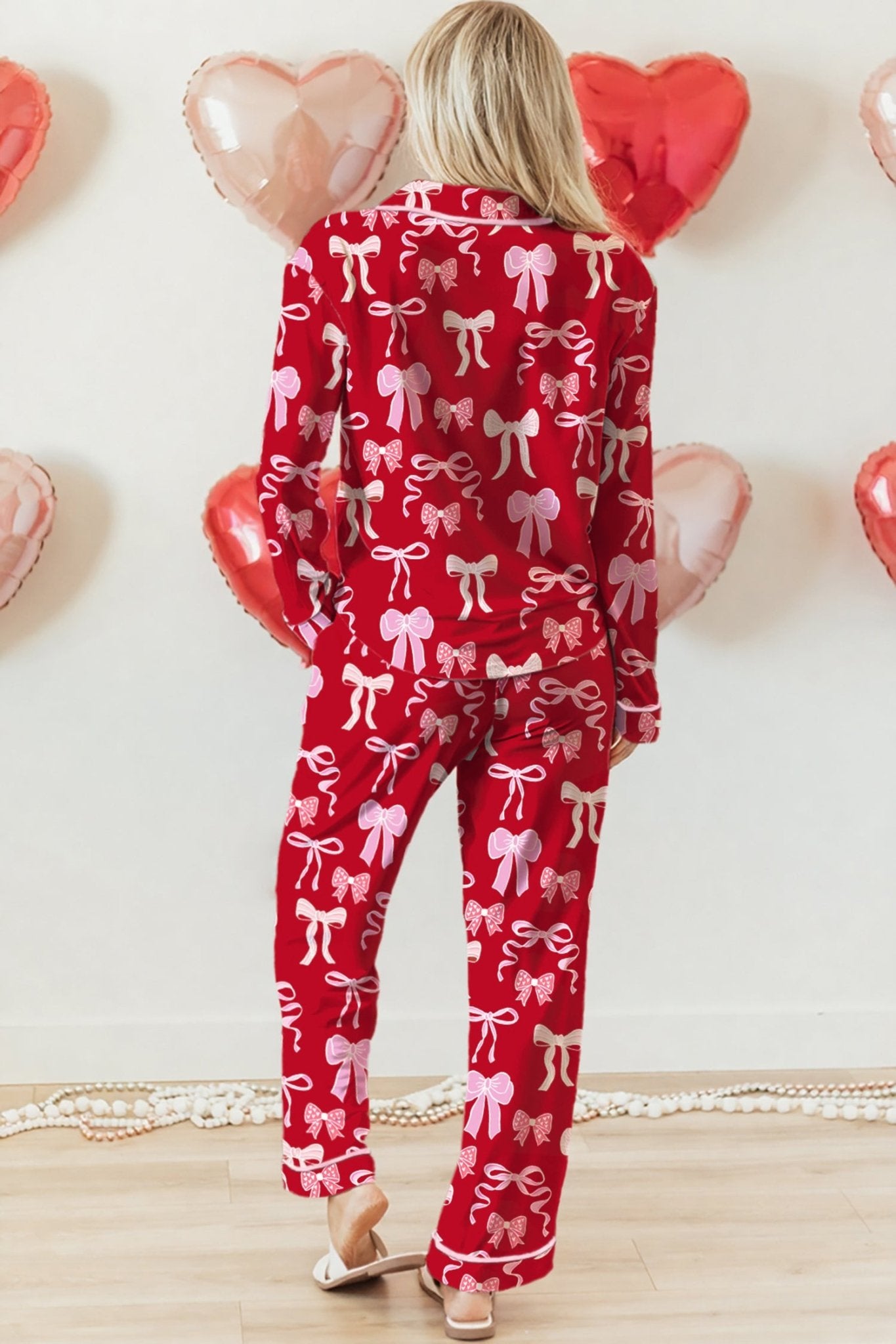 Red Sweet Bow Print Shirt Style Top Long 2pcs Pajama Set - Crowned Energy CO.