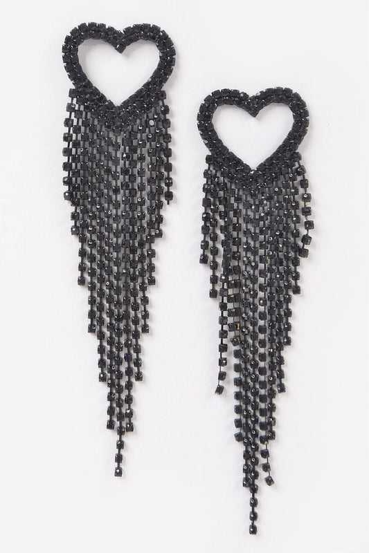 Crowned Energy CO. Black CCWHOLESALECLOTHING Earrings Rhinestone Heart Fringe Earring