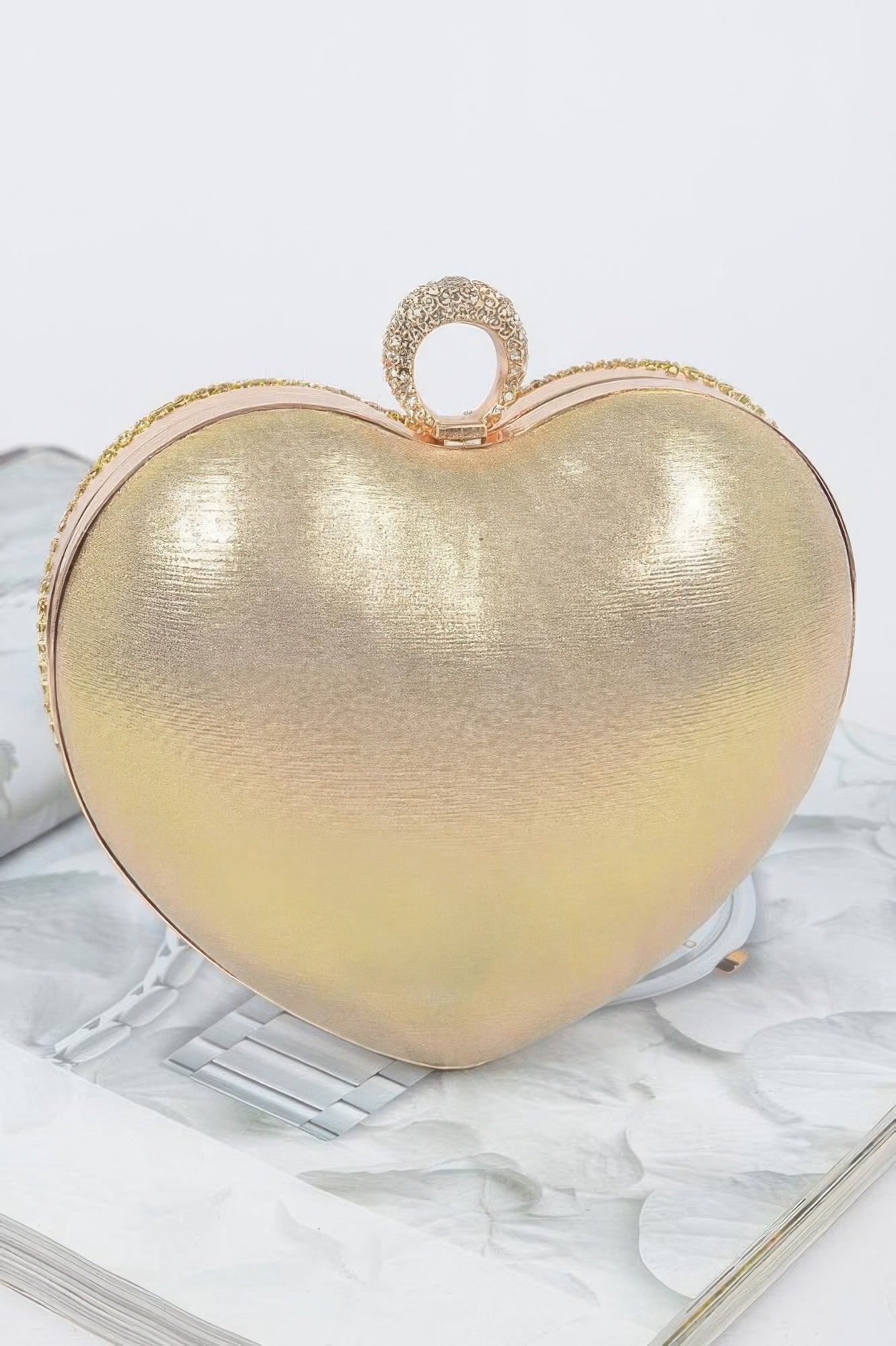 Crowned Energy CO. Clear Gold CCWHOLESALECLOTHING Clutch Rhinestone Heart Shape Party Clutch