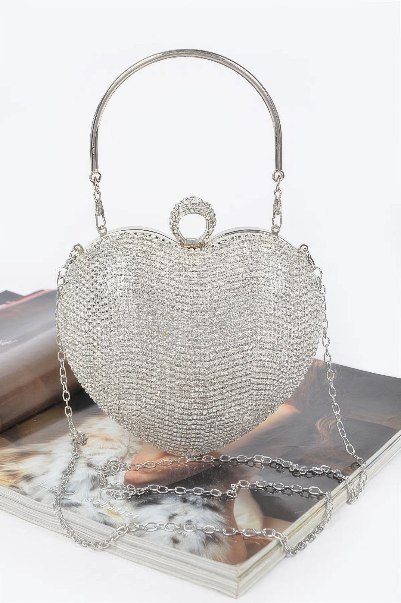 Crowned Energy CO. Clear Silver CCWHOLESALECLOTHING Clutch Rhinestone Heart Shape Party Clutch