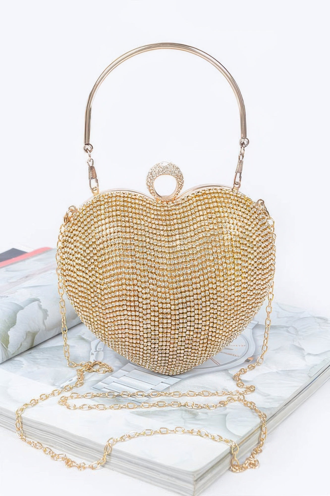 Crowned Energy CO. Clear Gold CCWHOLESALECLOTHING Clutch Rhinestone Heart Shape Party Clutch