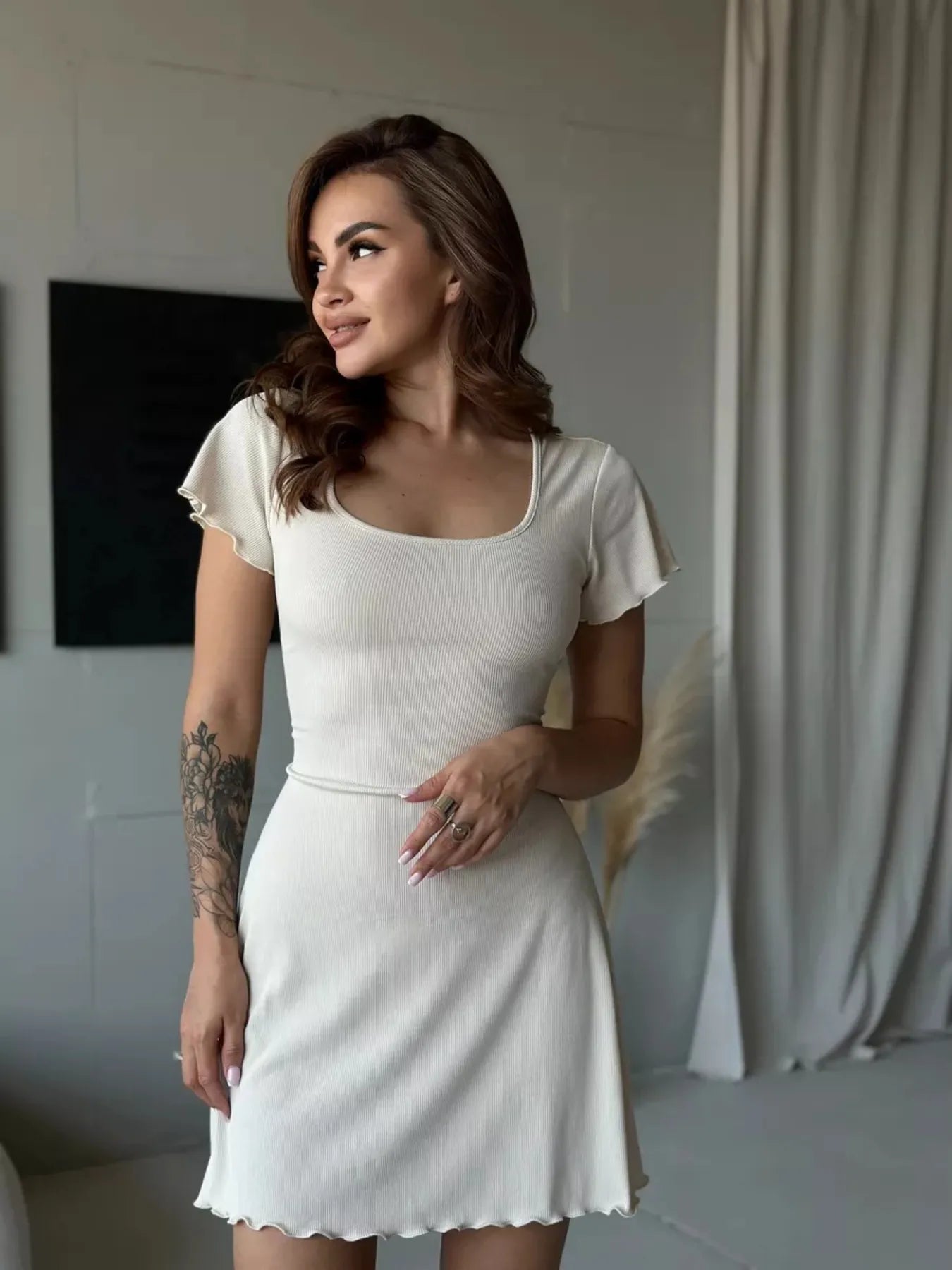 Crowned Energy CO. White / S Trendsi Dresses/Mini Dresses Ribbed Back Lace Up Short Sleeve Mini Dress