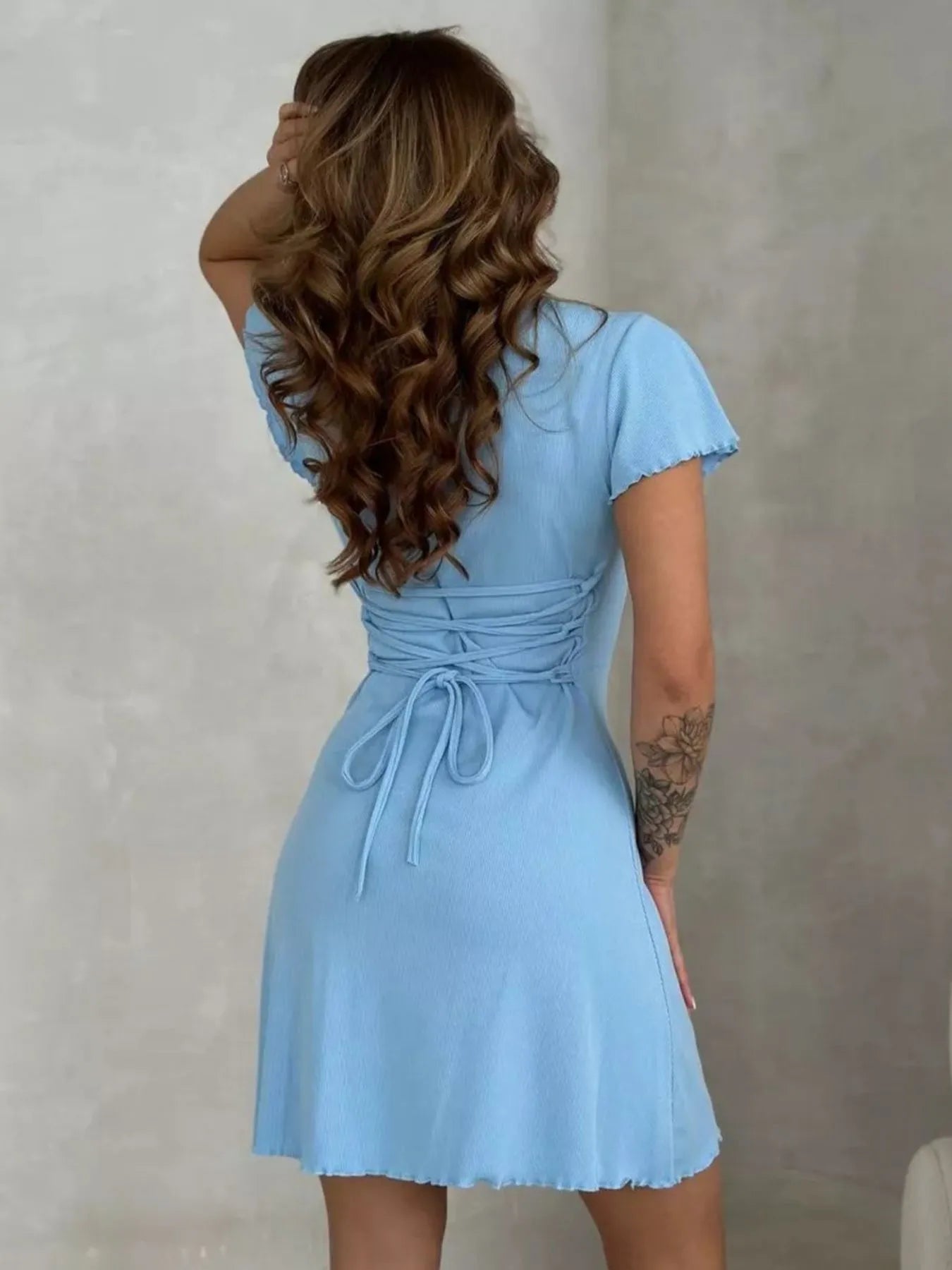 Crowned Energy CO. Hot Pink / S Trendsi Dresses/Mini Dresses Ribbed Back Lace Up Short Sleeve Mini Dress