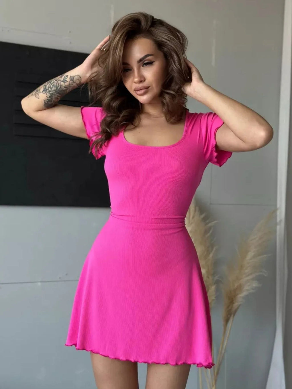 Crowned Energy CO. Hot Pink / S Trendsi Dresses/Mini Dresses Ribbed Back Lace Up Short Sleeve Mini Dress