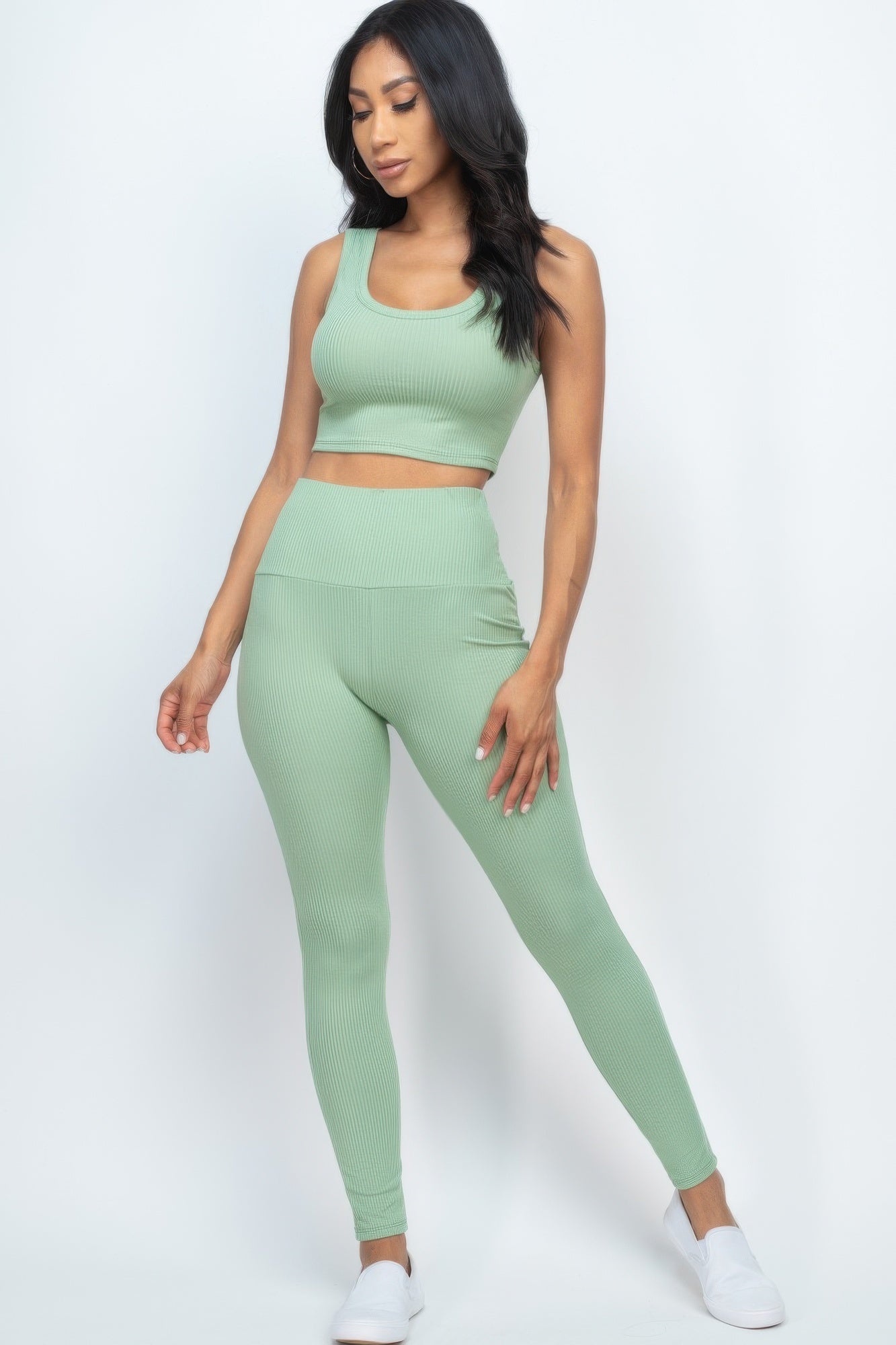 Crowned Energy CO. Green Bay / S CCWHOLESALECLOTHING Activewear/Activewear Sets Ribbed Crop Top & Leggings Set