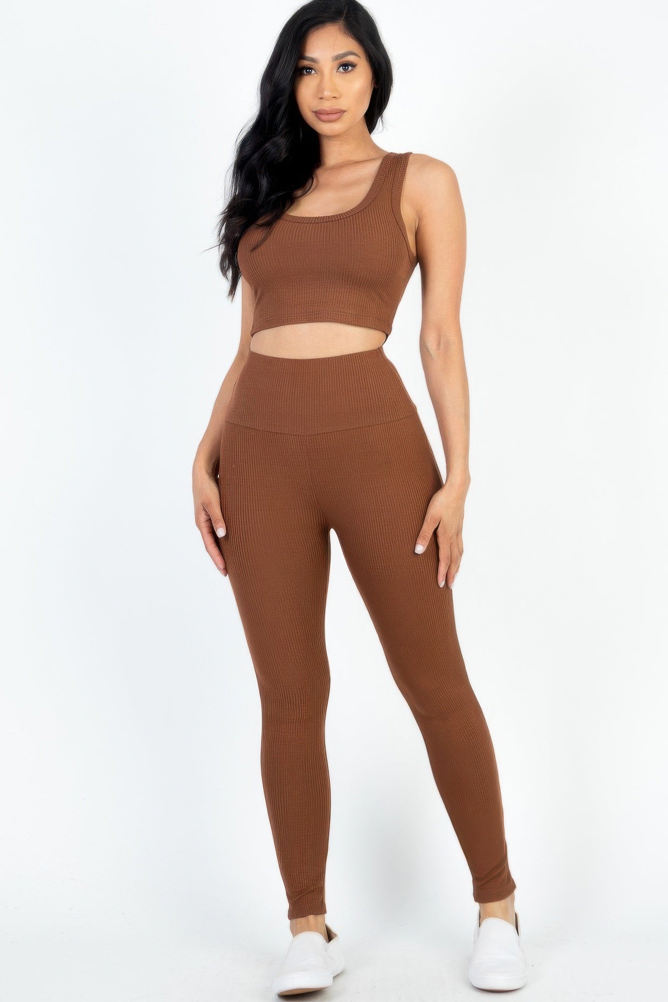 Crowned Energy CO. Downtown Brown / S CCWHOLESALECLOTHING Activewear/Activewear Sets Ribbed Crop Top & Leggings Set
