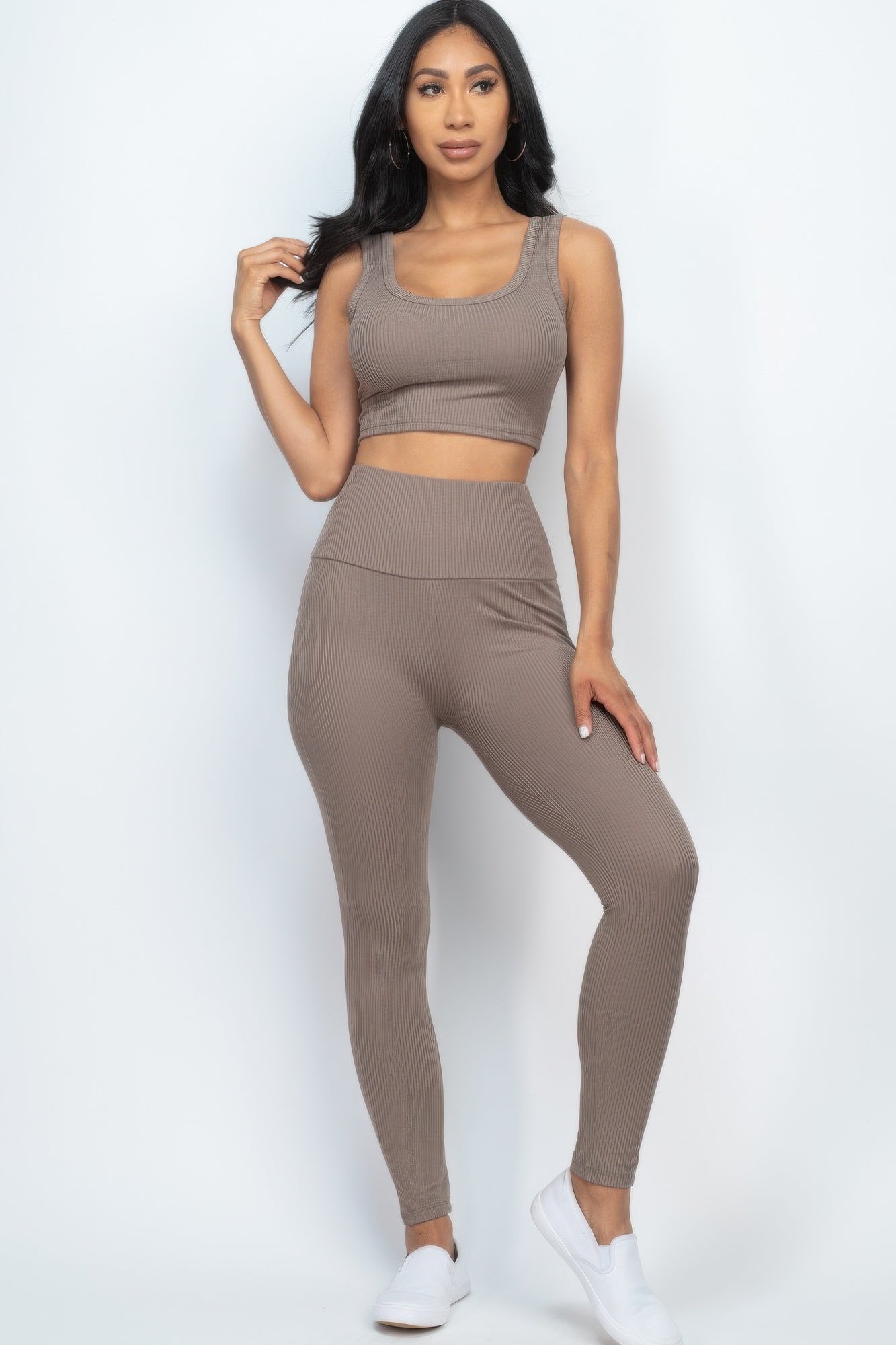 Crowned Energy CO. Taupe / S CCWHOLESALECLOTHING Activewear/Activewear Sets Ribbed Crop Top & Leggings Set
