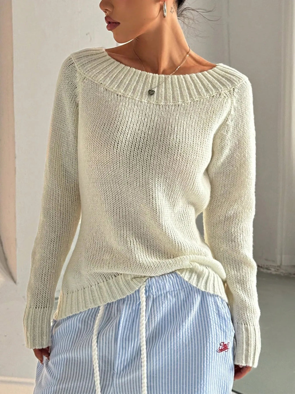 Crowned Energy CO. White / S Trendsi Sweaters & Cardigans/Cardigans Ribbed Knit Boat Neck Sweater