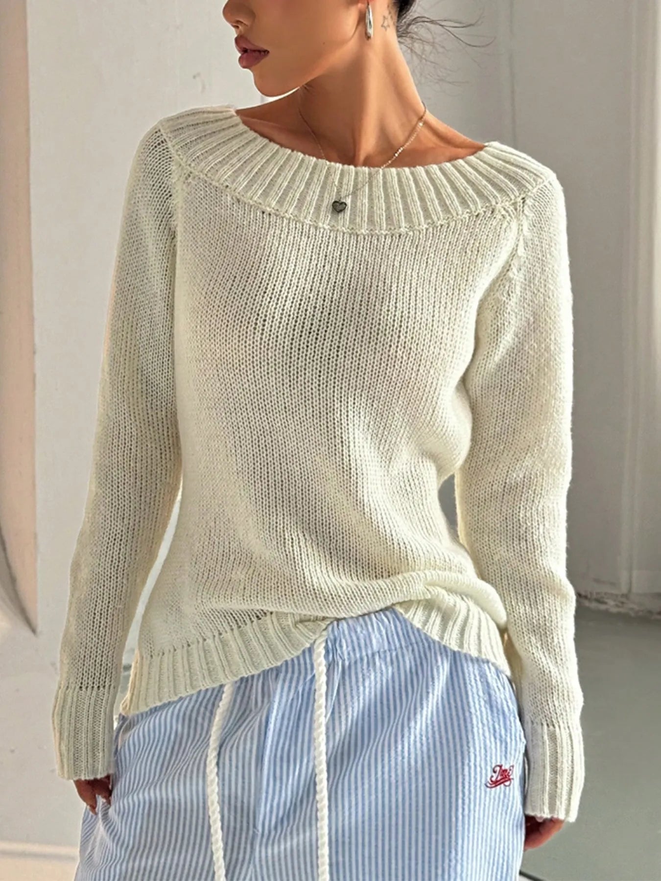 Crowned Energy CO. White / S Trendsi Sweaters & Cardigans/Cardigans Ribbed Knit Boat Neck Sweater