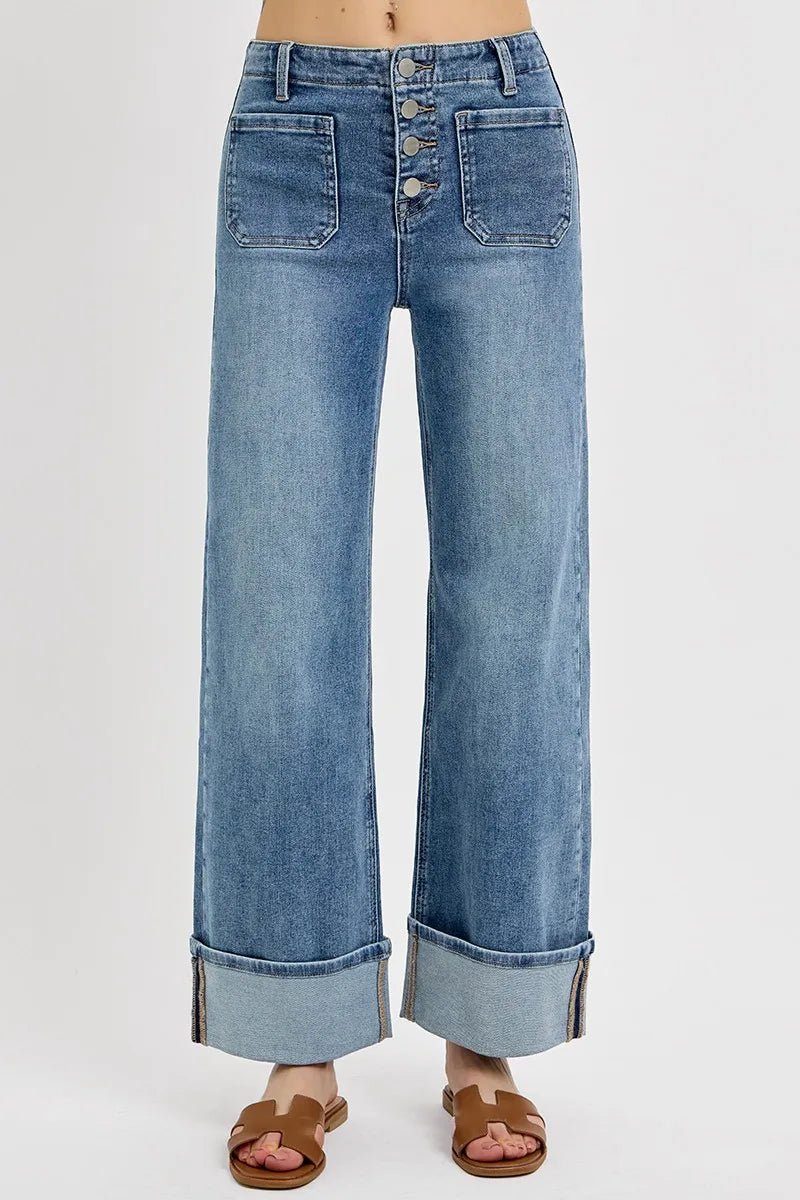 Crowned Energy CO. MEDIUM / 0 Trendsi Bottoms/Jeans RISEN High Rise Ankle Wide Button Patch Pocket Cuffed Jeans