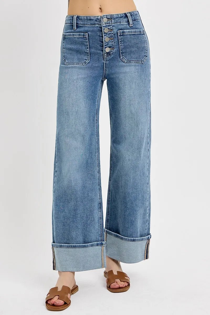 Crowned Energy CO. MEDIUM / 0 Trendsi Bottoms/Jeans RISEN High Rise Ankle Wide Button Patch Pocket Cuffed Jeans