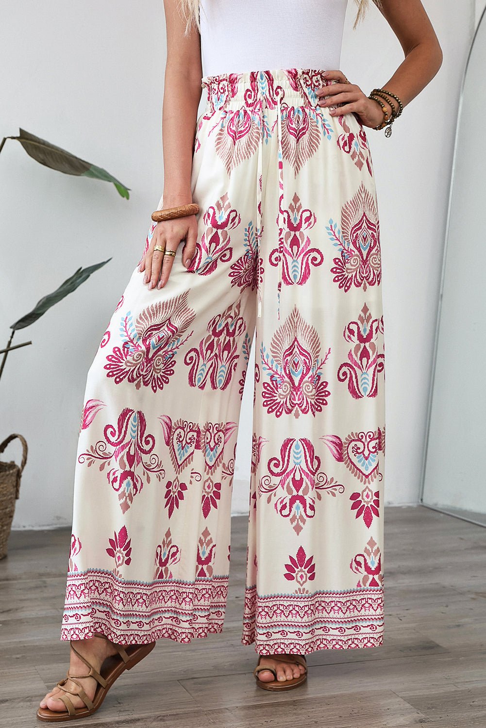 Rose Boho Printed Shirred High Waist Flowy Wide Leg Pants - Crowned Energy CO.
