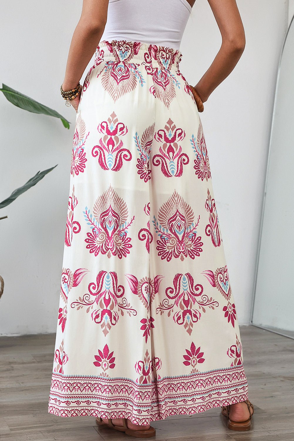 Rose Boho Printed Shirred High Waist Flowy Wide Leg Pants - Crowned Energy CO.