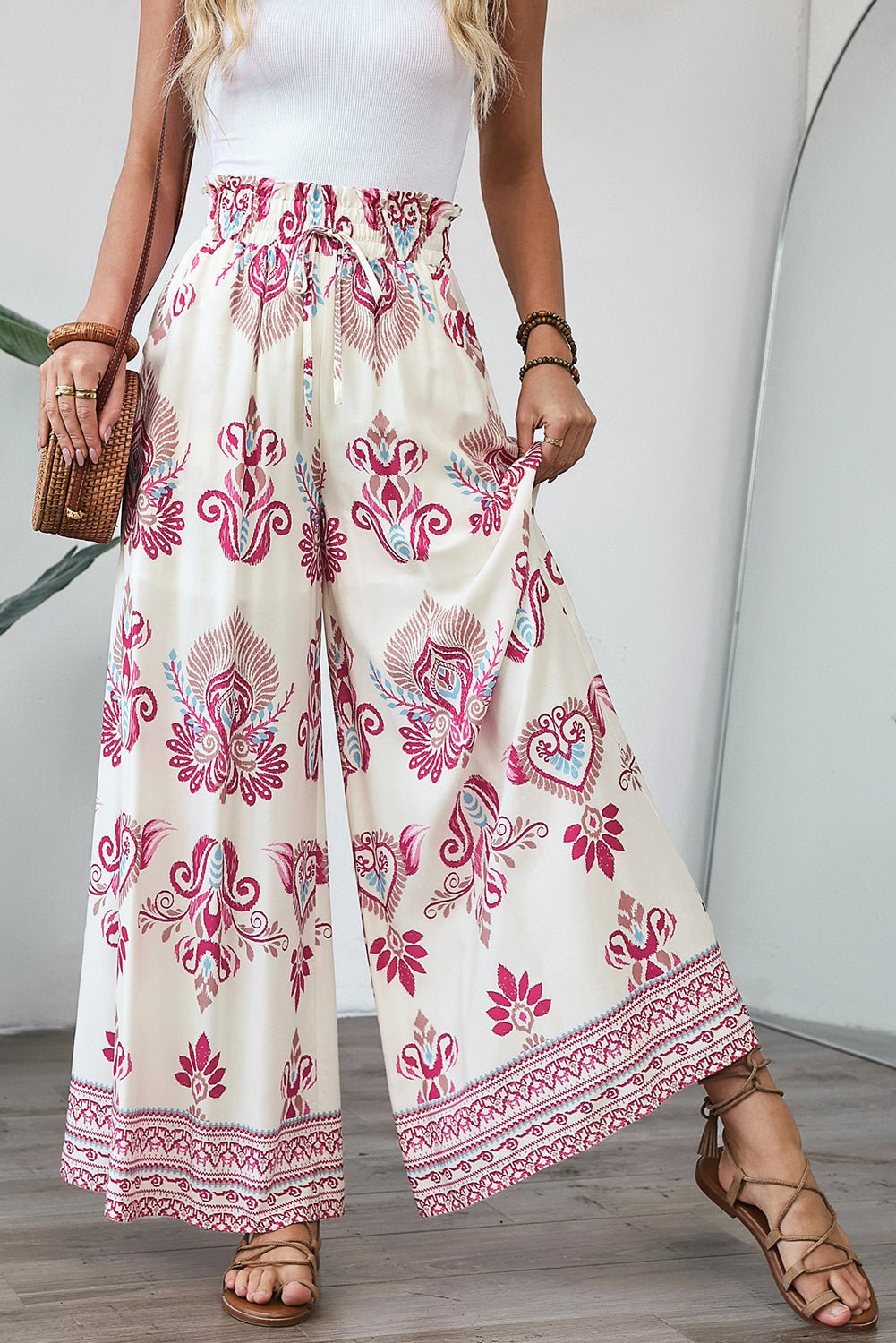 Rose Boho Printed Shirred High Waist Flowy Wide Leg Pants - Crowned Energy CO.