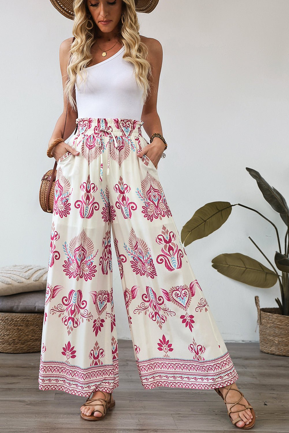 Rose Boho Printed Shirred High Waist Flowy Wide Leg Pants - Crowned Energy CO.