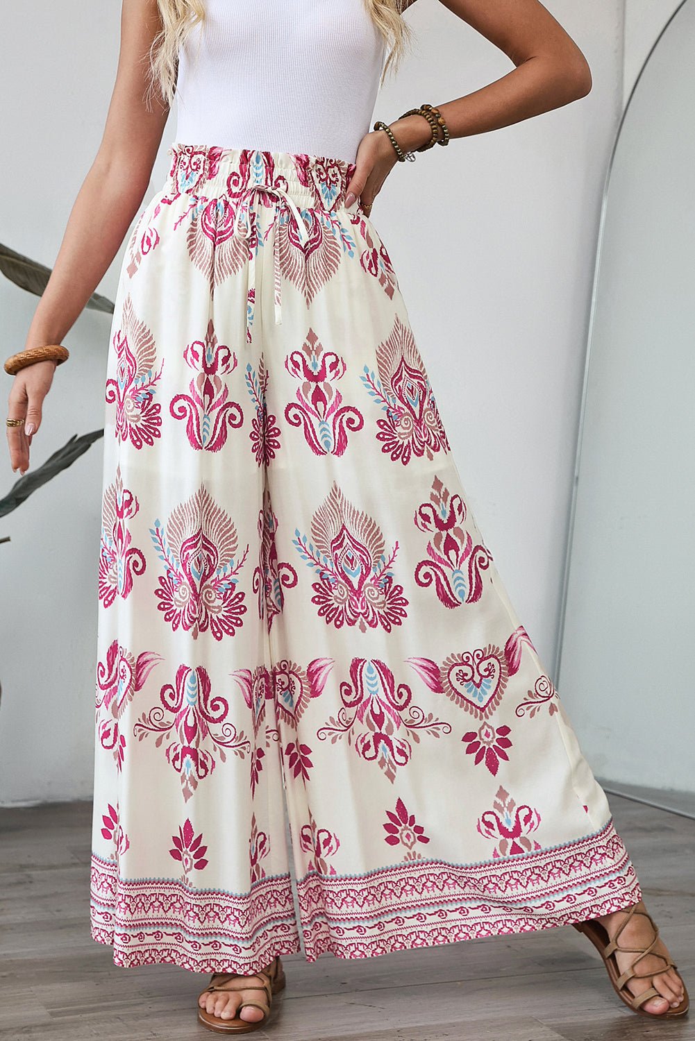 Rose Boho Printed Shirred High Waist Flowy Wide Leg Pants - Crowned Energy CO.