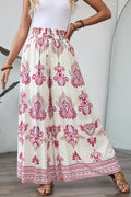 Rose Boho Printed Shirred High Waist Flowy Wide Leg Pants - Crowned Energy CO.