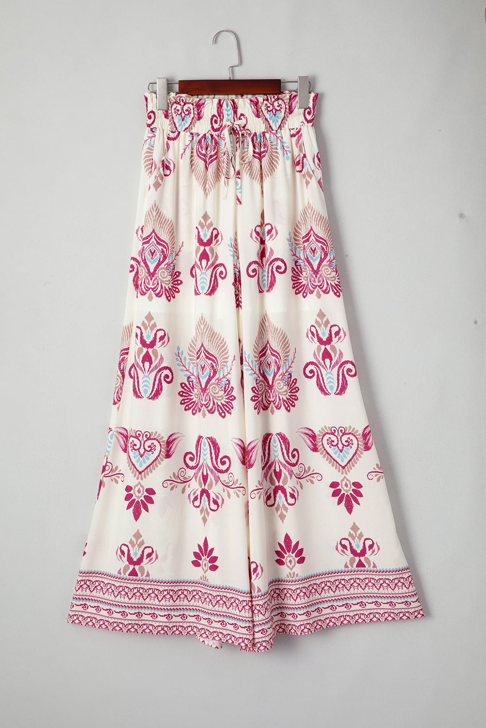 Rose Boho Printed Shirred High Waist Flowy Wide Leg Pants - Crowned Energy CO.