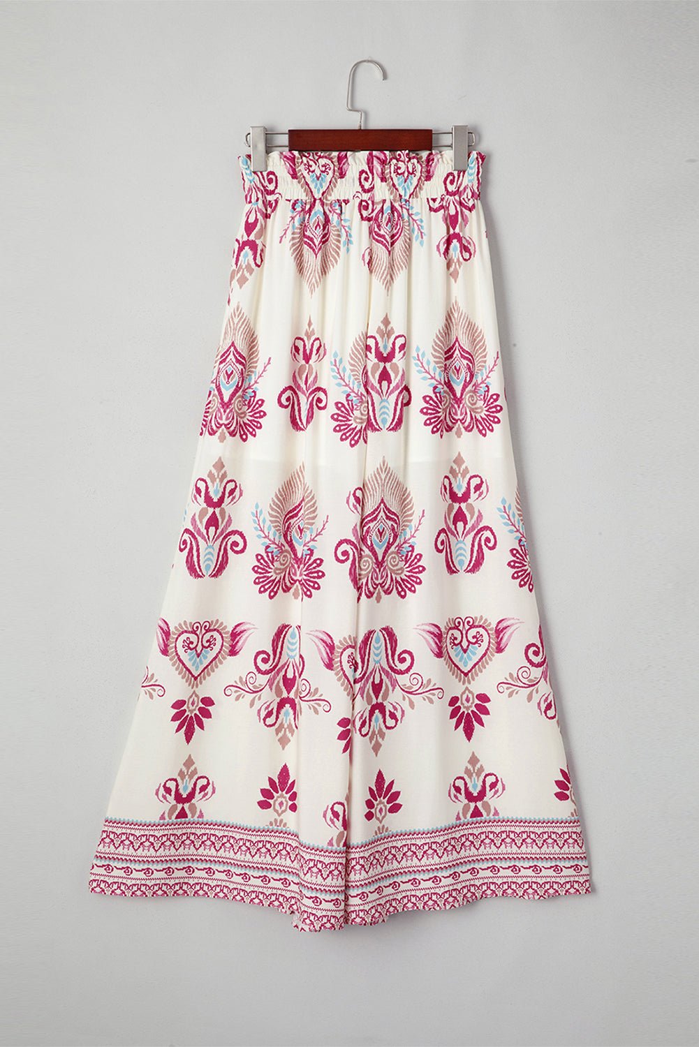 Rose Boho Printed Shirred High Waist Flowy Wide Leg Pants - Crowned Energy CO.