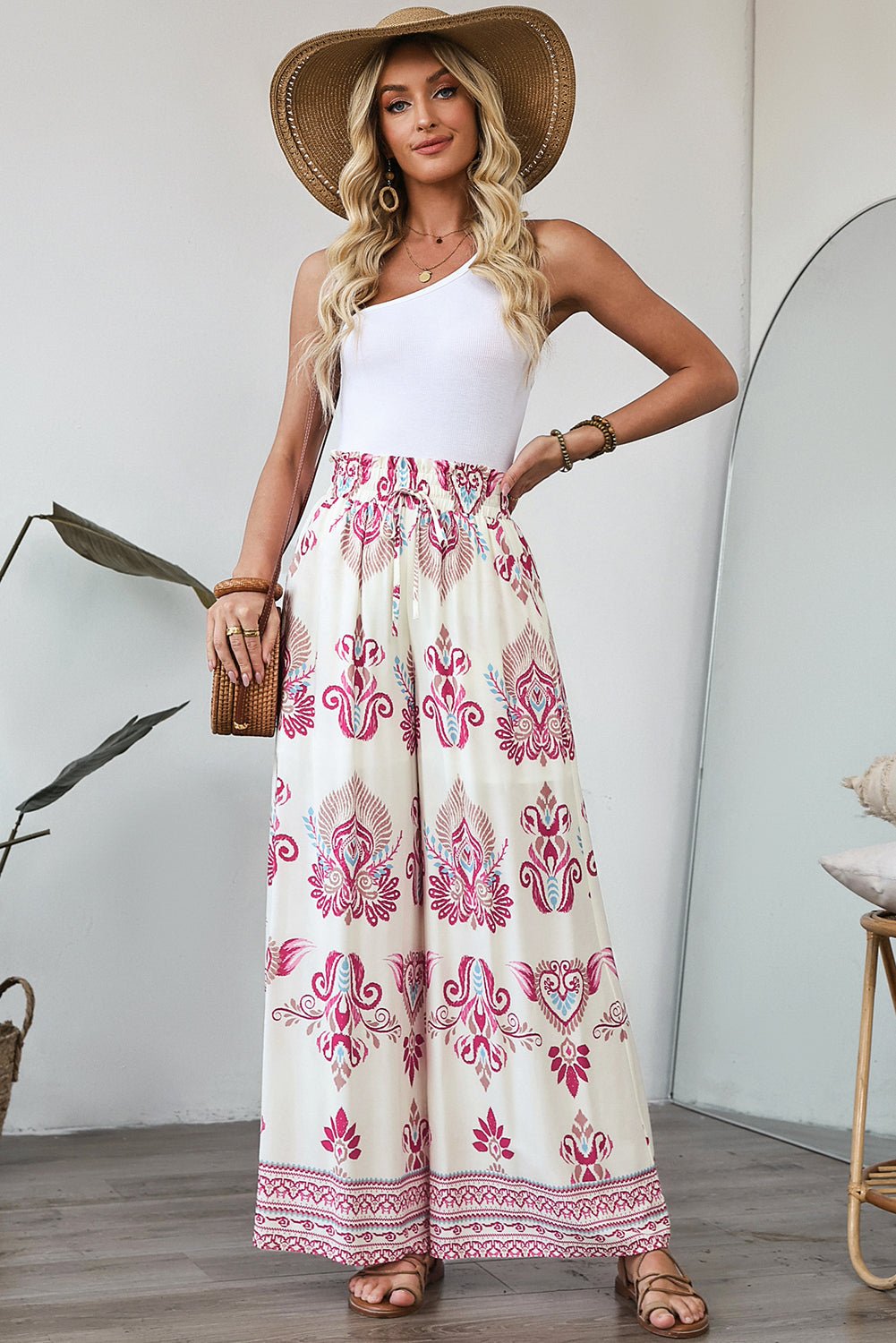 Rose Boho Printed Shirred High Waist Flowy Wide Leg Pants - Crowned Energy CO.