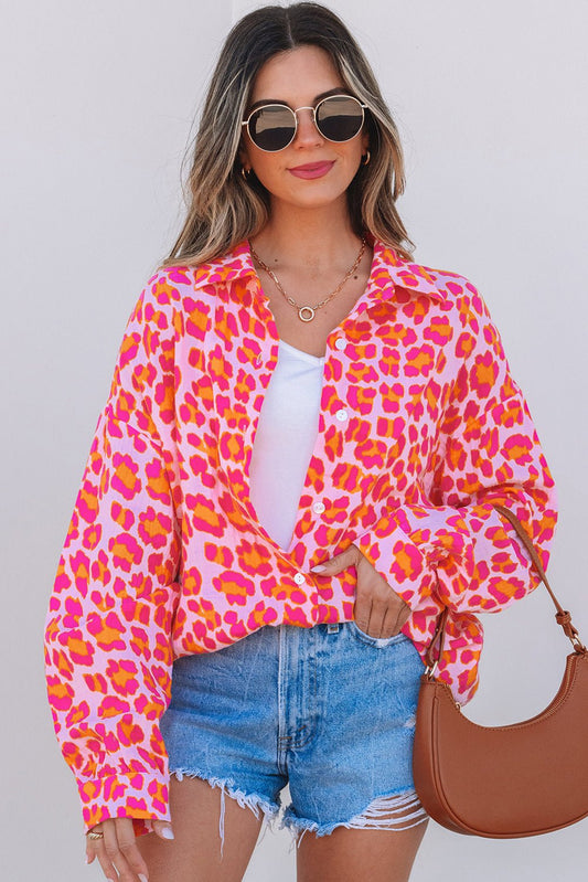 Crowned Energy CO. Rose / S / 100%Cotton Dear-Lover Dropshipping Tops/Blouses & Shirts Rose Leopard Printed Button Up Loose Shirt