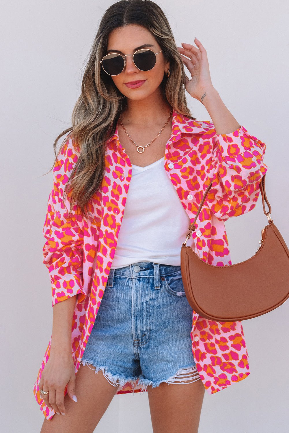 Crowned Energy CO. Rose / S / 100%Cotton Dear-Lover Dropshipping Tops/Blouses & Shirts Rose Leopard Printed Button Up Loose Shirt