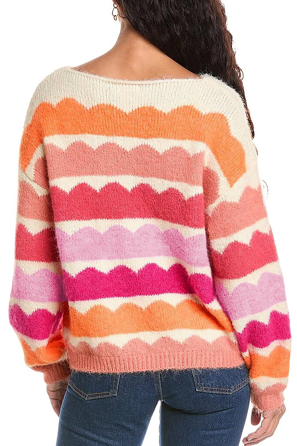 Rose Red Wave Striped Balloon Sleeve Drop Shoulder Sweater - Crowned Energy CO.