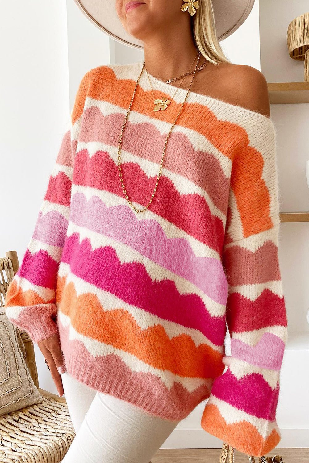 Rose Red Wave Striped Balloon Sleeve Drop Shoulder Sweater - Crowned Energy CO.