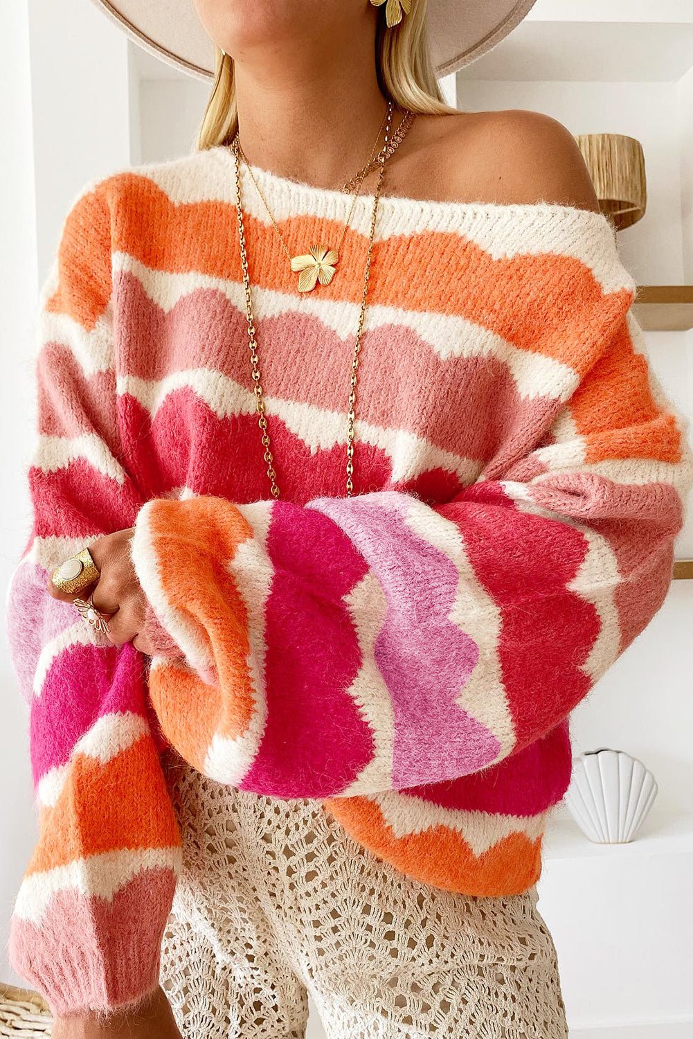 Rose Red Wave Striped Balloon Sleeve Drop Shoulder Sweater - Crowned Energy CO.