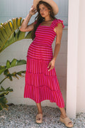 Rose Stripe Flutter Sleeve Smocked Bodice Tiered Maxi Dress - Crowned Energy CO.