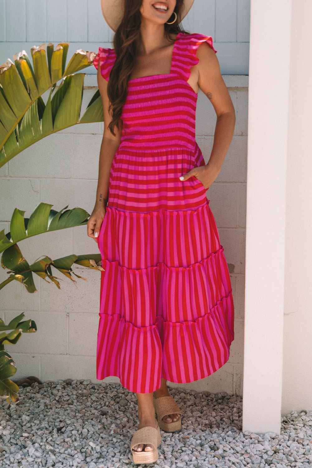 Rose Stripe Flutter Sleeve Smocked Bodice Tiered Maxi Dress - Crowned Energy CO.