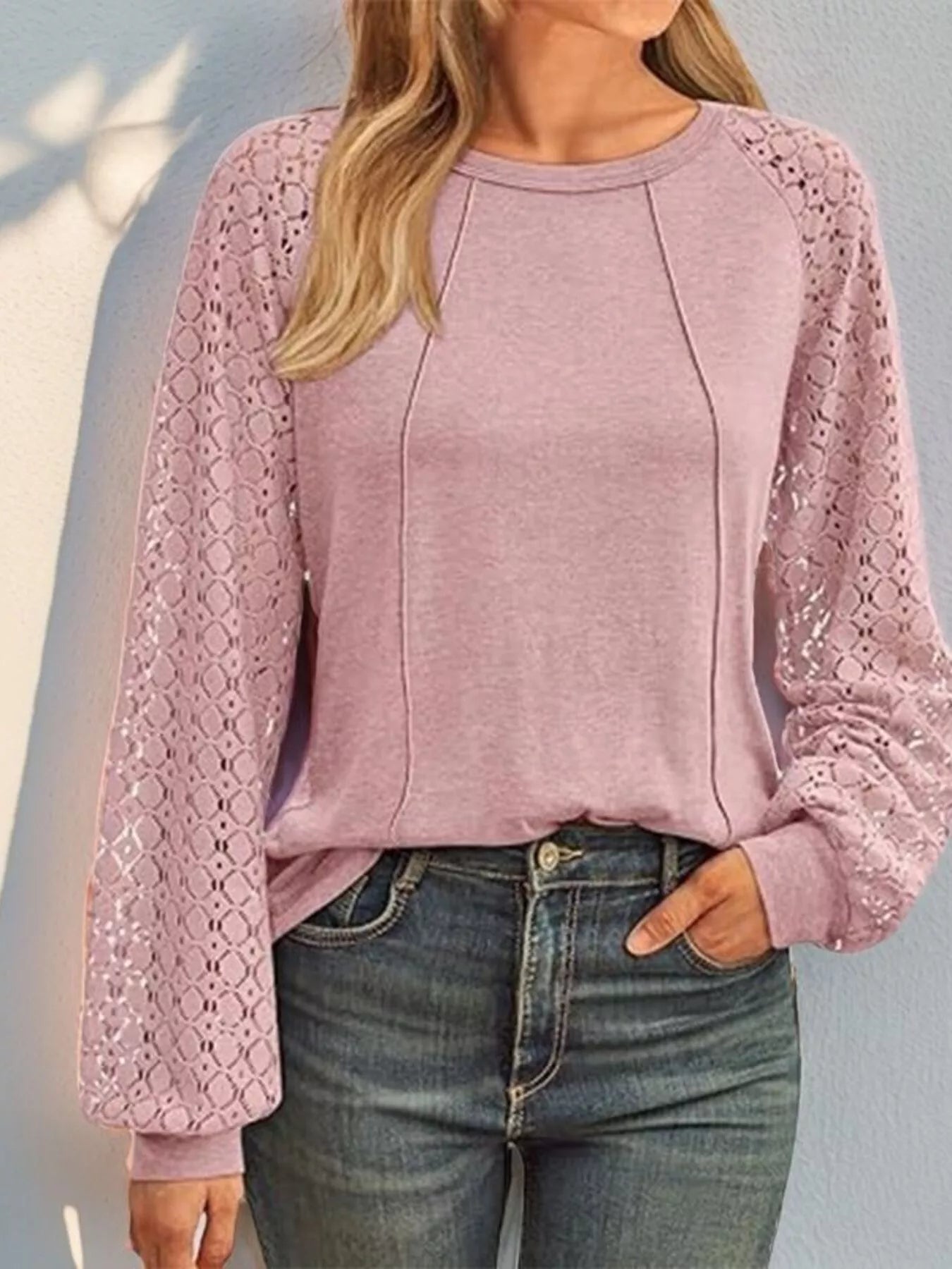 Round Neck Lace Sleeve Blouse - Crowned Energy CO.