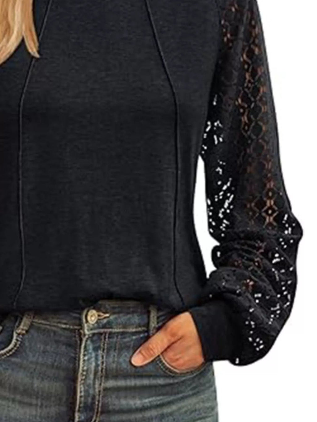 Round Neck Lace Sleeve Blouse - Crowned Energy CO.