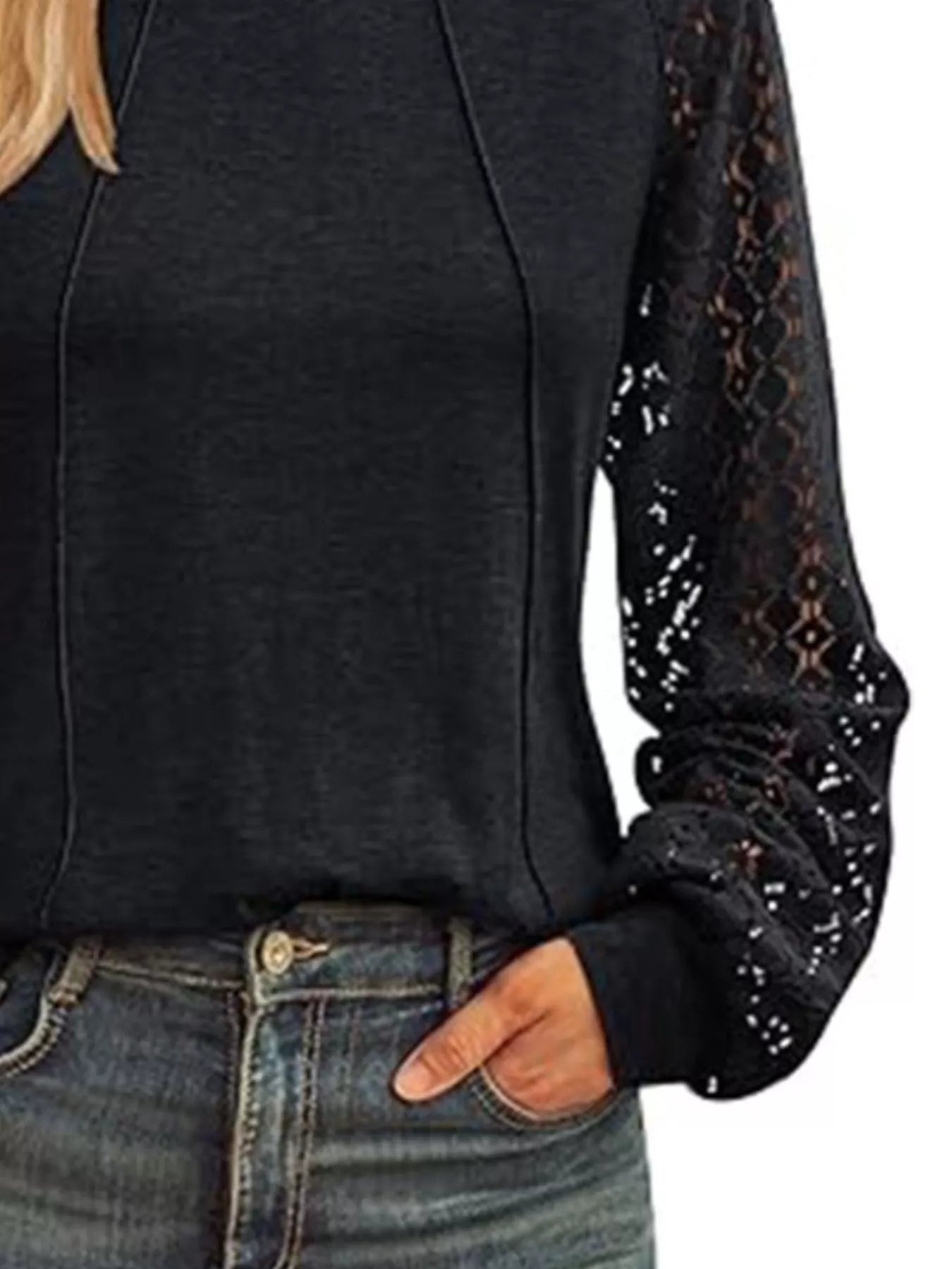 Round Neck Lace Sleeve Blouse - Crowned Energy CO.